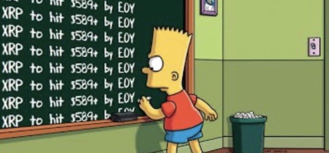 Bart writing “XRP to hit $589+ by EOY” on a chalkboard