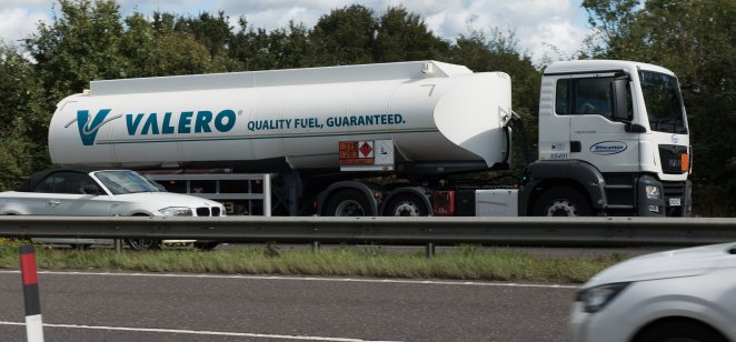A Valero fuel truck on a highway in the UK.
