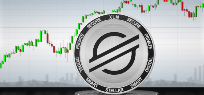 The XLM coin in front of a bullish price chart