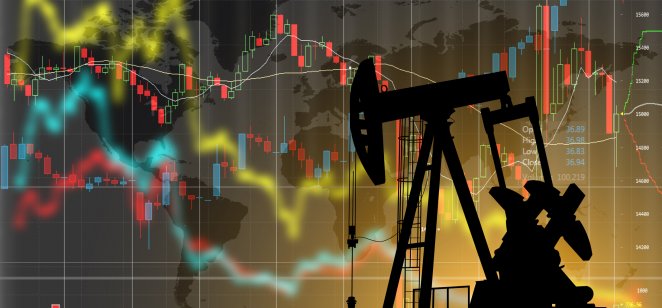 Illustration of the oil markets showing an oil pump on the background of stock charts