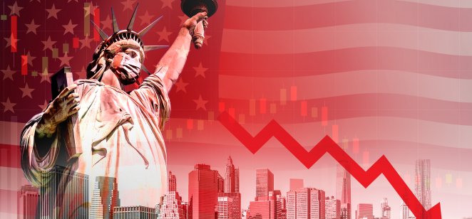 Montage showing New York City on a red danger background with chart arrows falling