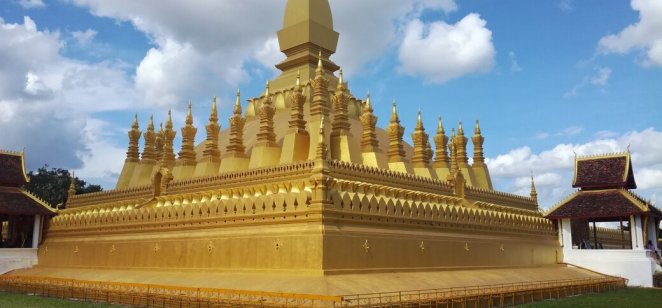 Pha That Luang, a gold-covered large Buddhist stupa in the centre of the city of Vientiane, Laos. 