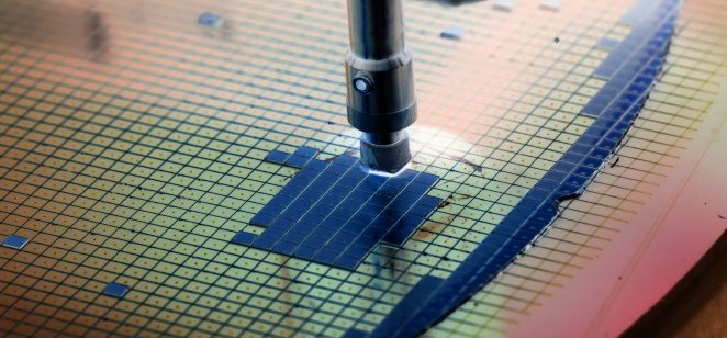 A picture of a silicon wafer in die-attach machine in semiconductor manufacturing