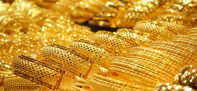 Rows of gold bracelets in a store on the Grand Bazaar in Istanbul.