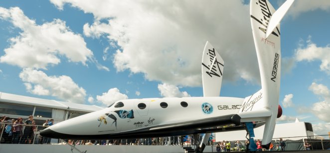 The futuristic Virgin Galactic reusable, sub-orbital spacecraft on static display at the Farnborough International Airshow, UK on July 15, 2012
