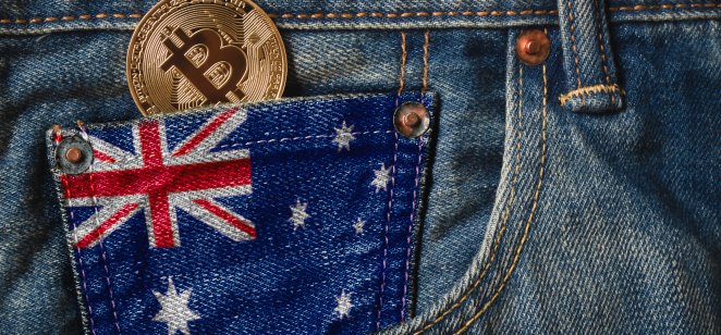 Bitcoin in a jeans pocket with an Australia flag