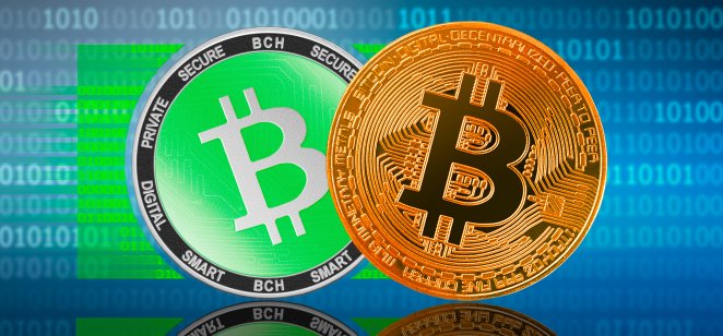 Bitcoin Cash (BCH) and Bitcoin (BTC) on the binary code background