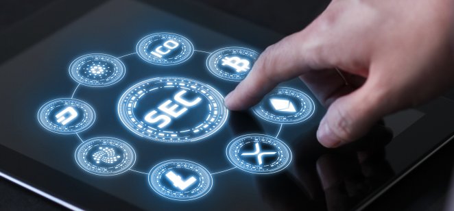 An illustration of SEC's logo surrounded by logos of numerous cryptocurrencies.