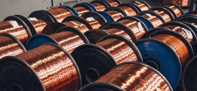 Copper wires Rows of copper wire skeins being produced in a factory