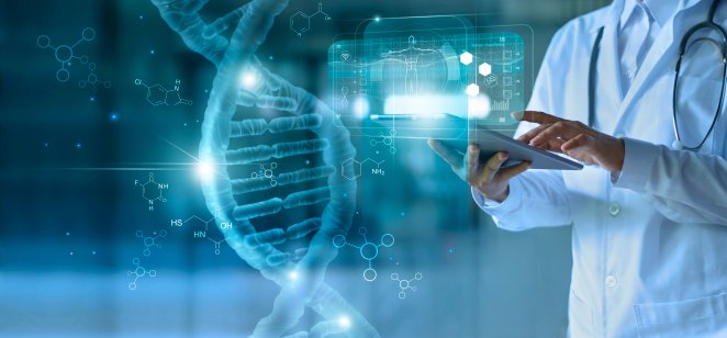 Digital composite image of a doctor using tablet with virtual DNA helix and code in the background