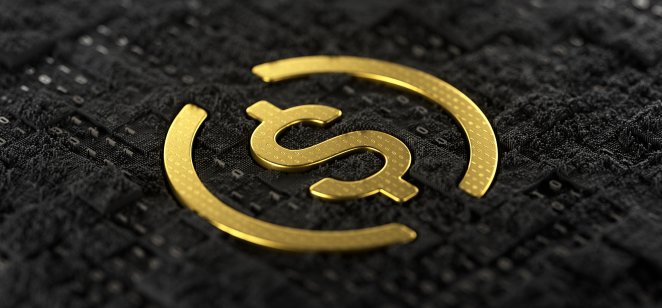 USD forecast 2022: Can the USD keep rising? 3d illustration of golden USD Coin USDC symbol on a dark abstract background.