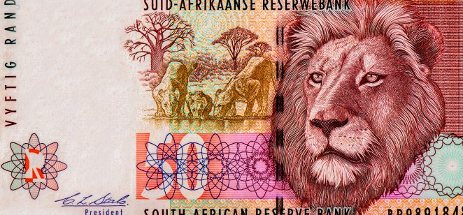 Transvaal Lions with cub drinking water at center, male lion head. Portrait from South Africa 50 Rand 1992 Banknotes.