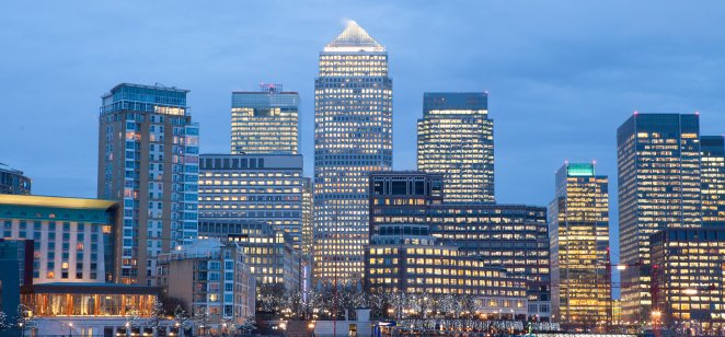 View of the Canary Wharf business district in London. 