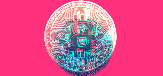 Representative image of a bitcoin on a pink background 
