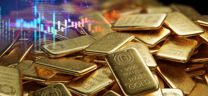 Gold bullion and stock market screen analysis concept