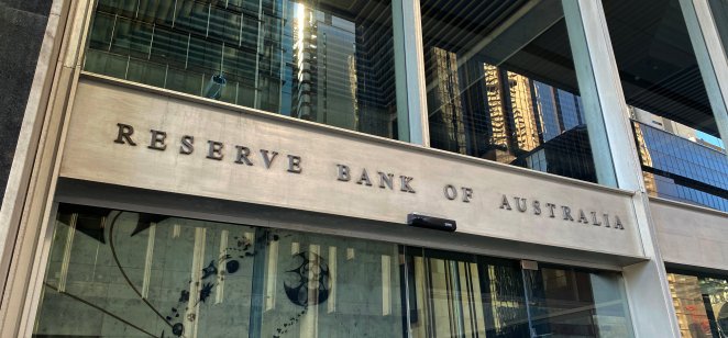 Signage outside the entrance of the Reserve Bank of Australia building in Sydney, Australia.