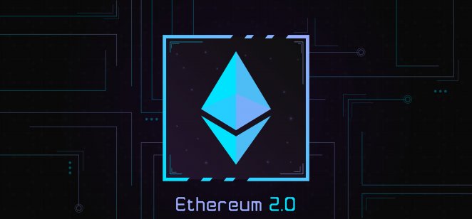 Ethereum 2.0 logo, which depicts a blue pyramid in reflection, on dark background
