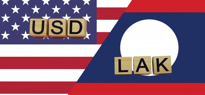 USA and Laos currencies codes on national flags background.