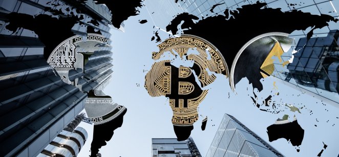 Cryptos pictured on a global map in corporate skyscraper background