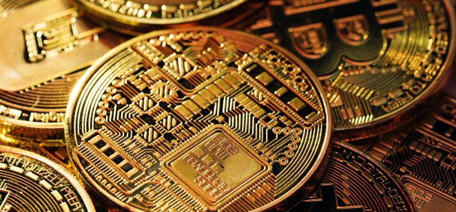 Golden Bitcoins. New virtual money. Mining Golden Bitcoins. Bitcoins coins isolated on background. 