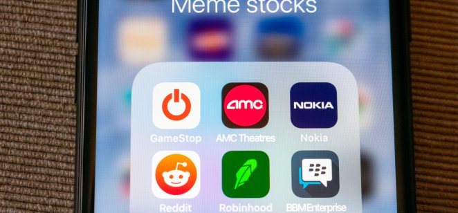 A image of meme stock logos on a mobile phone screen 