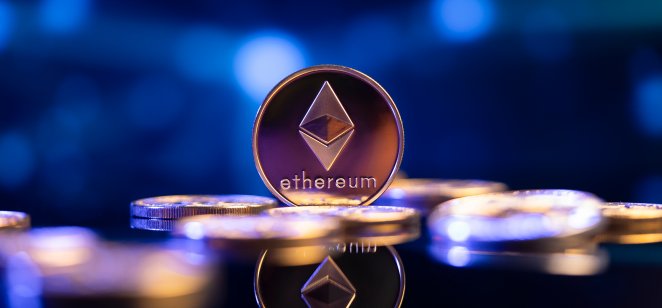 Ethereum cryptocurrency coin, blurred background