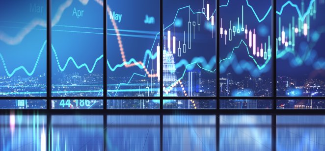 Stock market profit concept with view from big window on digital forex chart with glowing financial indicators. 3D rendering