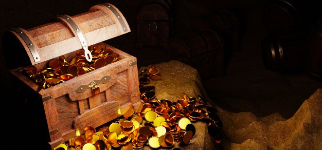 A chest full of gold coins, jewellery and other treasure 