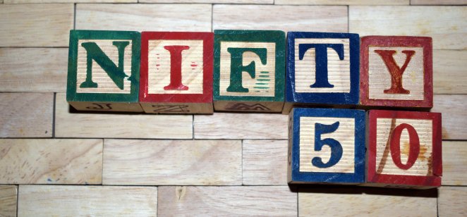 The words Nifty 50 spelt on wooden blocks