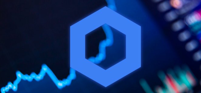 The Chainlink logo pictured against a screen showing a volatile graph