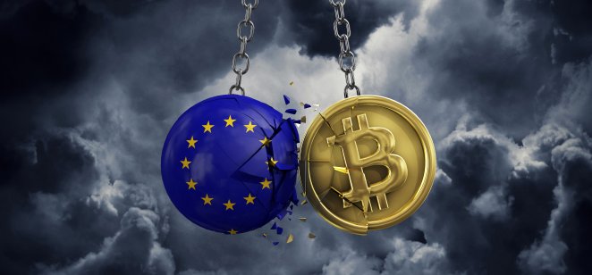 A bitcoin and a coin coloured with the EU flag clash 