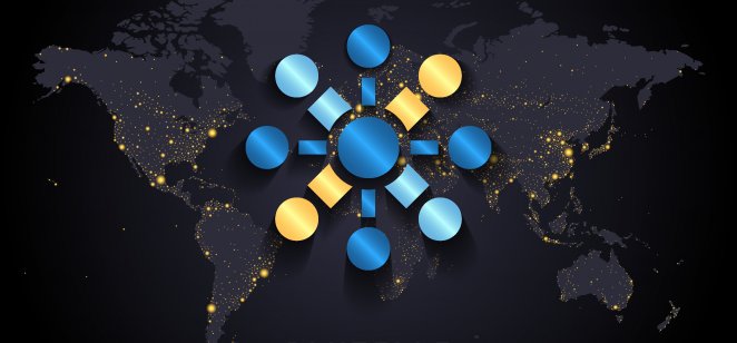 The Bluzelle logo on a world map