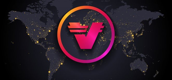 Verasity price prediction: is VRA ready for a rebound? Verasity crypto currency digital payment system blockchain concept. Cryptocurrency isolated on earth night lights world map background. Vector illustration