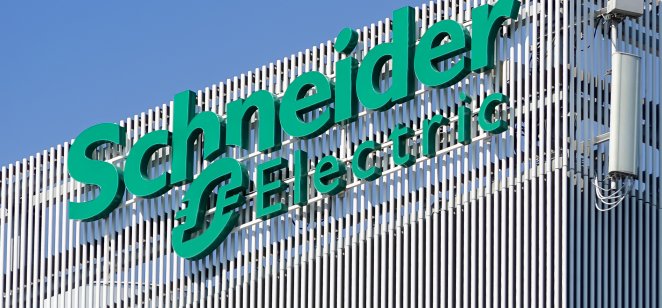 A image of the Schneider Electric sign on its headquarters 