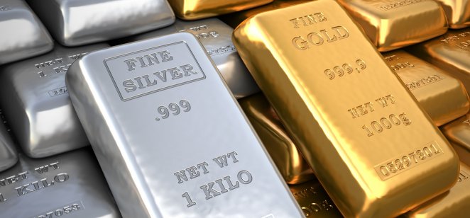 Bank reserves of gold and silver bars are arranged in rows 