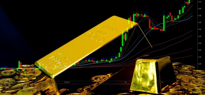 Gold bars and trading chart