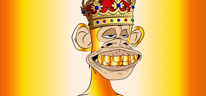 Golden bored ape king with red crown and golden teeth NFT artwork illustration