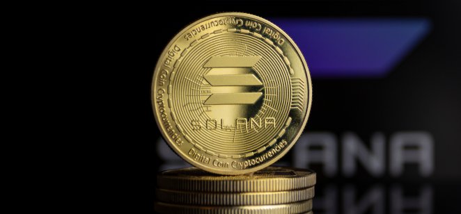 A cryptocurrency coin bearing the Solana name and icon