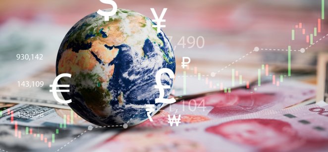 World on international banknotes with currency sign include dollar euro yen pound sterling