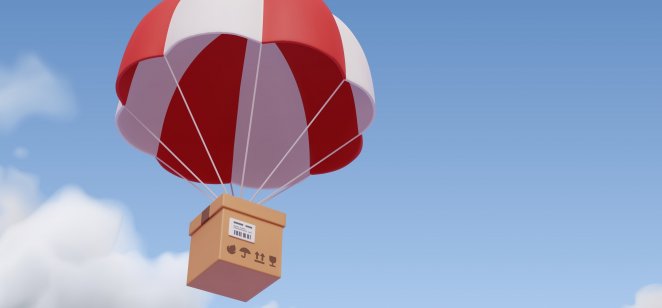 Illustration of a package floating in the sky under a parachute