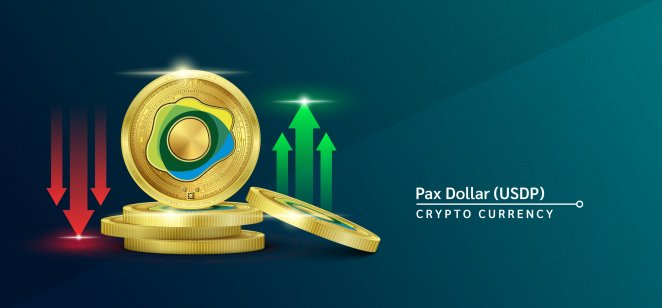 Pax gold logo on a gold coin with bullish and bearish signals