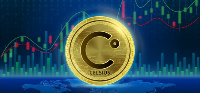 Celsius Network withdrawals: Will bankruptcy delay access to customer funds? Celsius Network (CEL) Cryptocurrency blockchain. List of variou coin symbol is background. Future digital replacement technology alternative currency, Silver golden stock chart. 