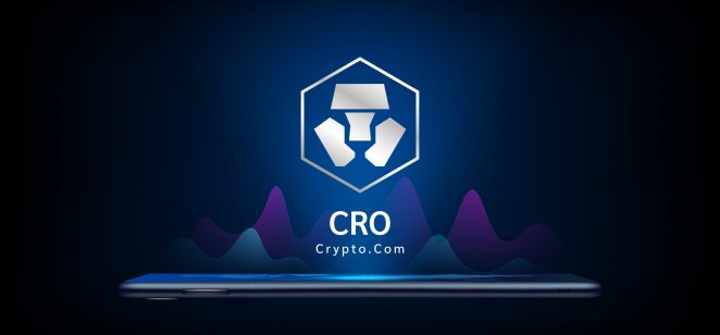 Crypto.com coin icon crypto currency token symbol come out from smartphone with growth chart. Trading cryptocurrency on application. 