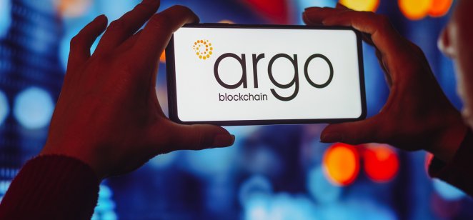 In this photo illustration, the Argo Blockchain logo is displayed on a smartphone screen