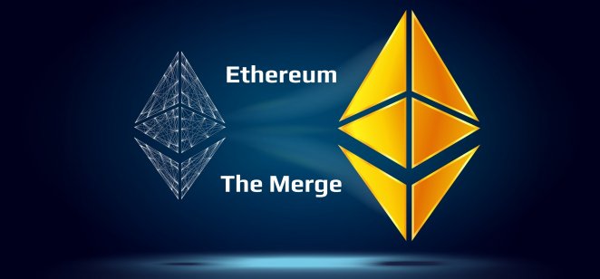 Illustration of the ETH icon along with the words Ethereum and The Merge
