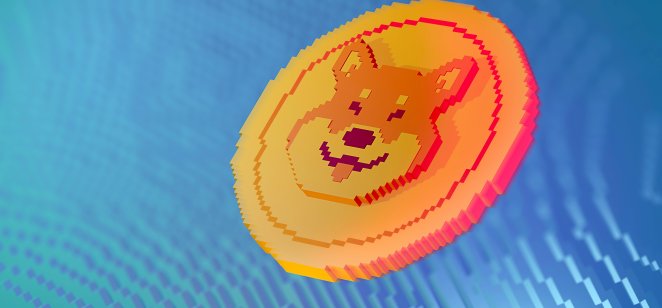 A pixelated image of a golden coin bearing a grinning dog’s face