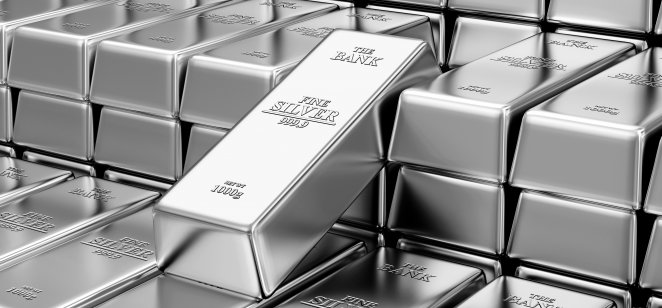 Silver bars Bank reserve silver bars arranged in rows