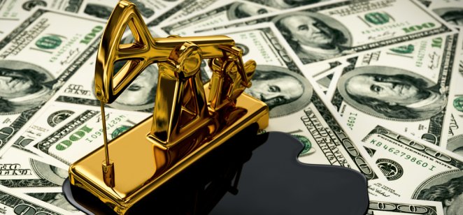 Golden pumpjack and spilled oil on US dollar banknotes