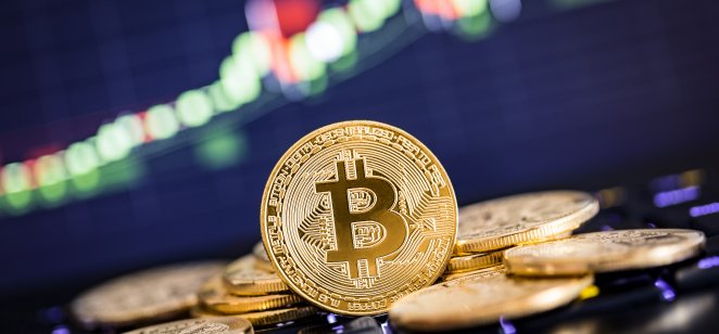 Golden BTC coin with market moves visualisation overlay. Golden BTC coin with market moves visualisation overlay.
