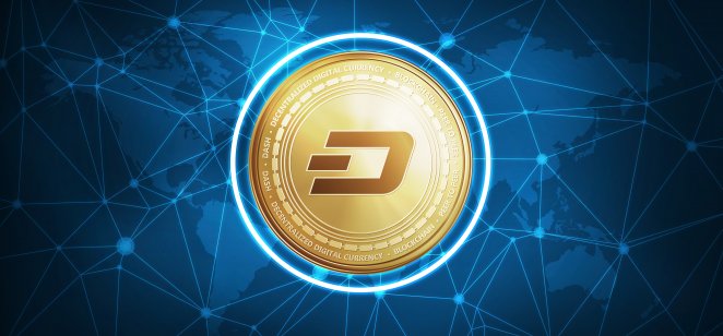 Dash symbol on futuristic hud polygon background with world map and blockchain peer to peer network. Global cryptocurrency and ICO initial coin offering business banner concept